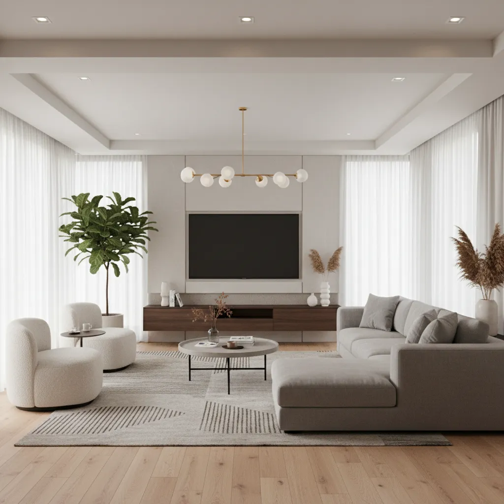 Modern living room with grey sofa wooden floor patterned rug large plant gold ceiling light