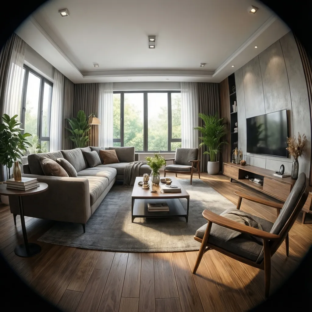 Vista 3D de un salón generado con software de diseño interior