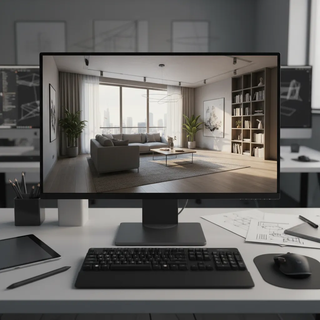 Pantalla mostrando render 3D de diseño interior moderno