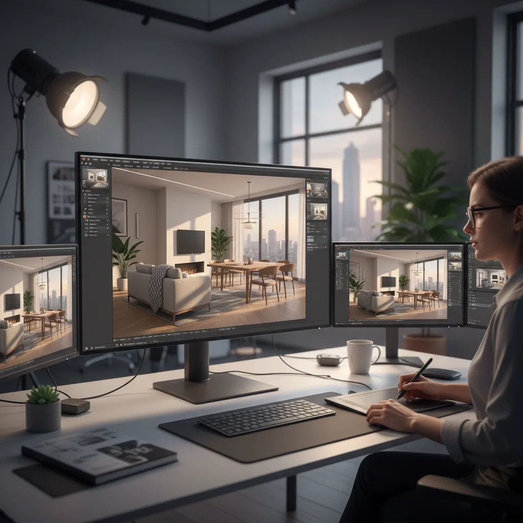 Pantalla mostrando visualización 3D de un diseño interior moderno