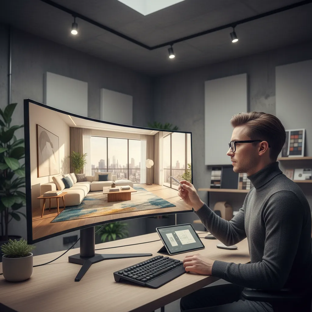 Pantalla mostrando visualización 3D de un proyecto de interiorismo