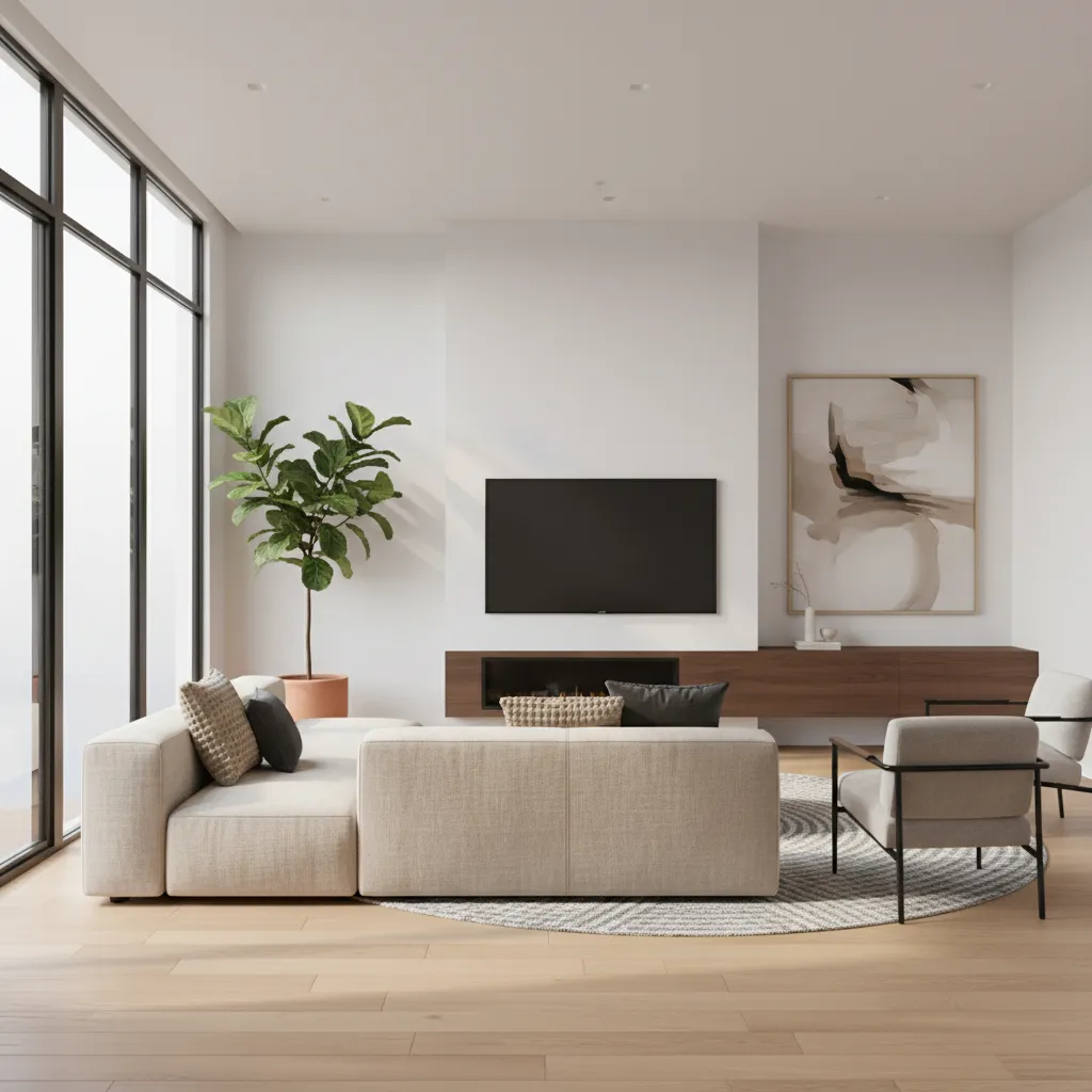 Visualización 3D realista de un salón diseñado digitalmente