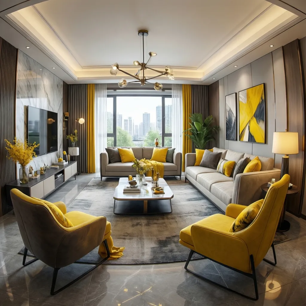 Visualización 3D de un salón con decoración amarilla