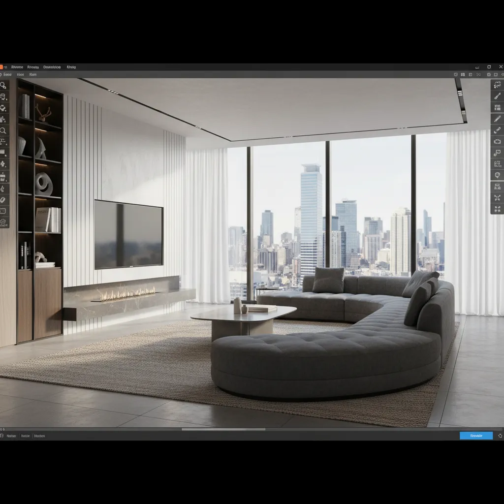 Render 3D realista de interior de casa visto desde software de diseño