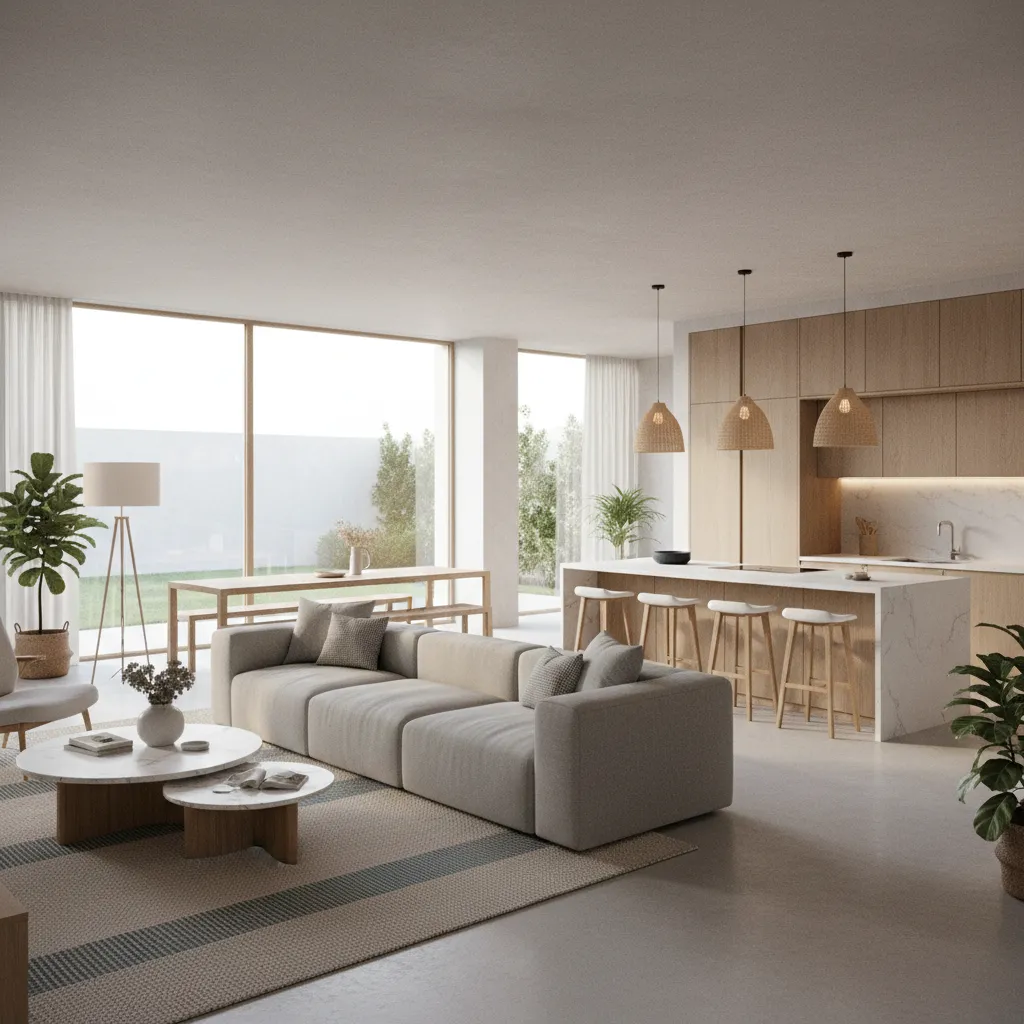 Visualización 3D de interior de vivienda con salón y cocina abierta