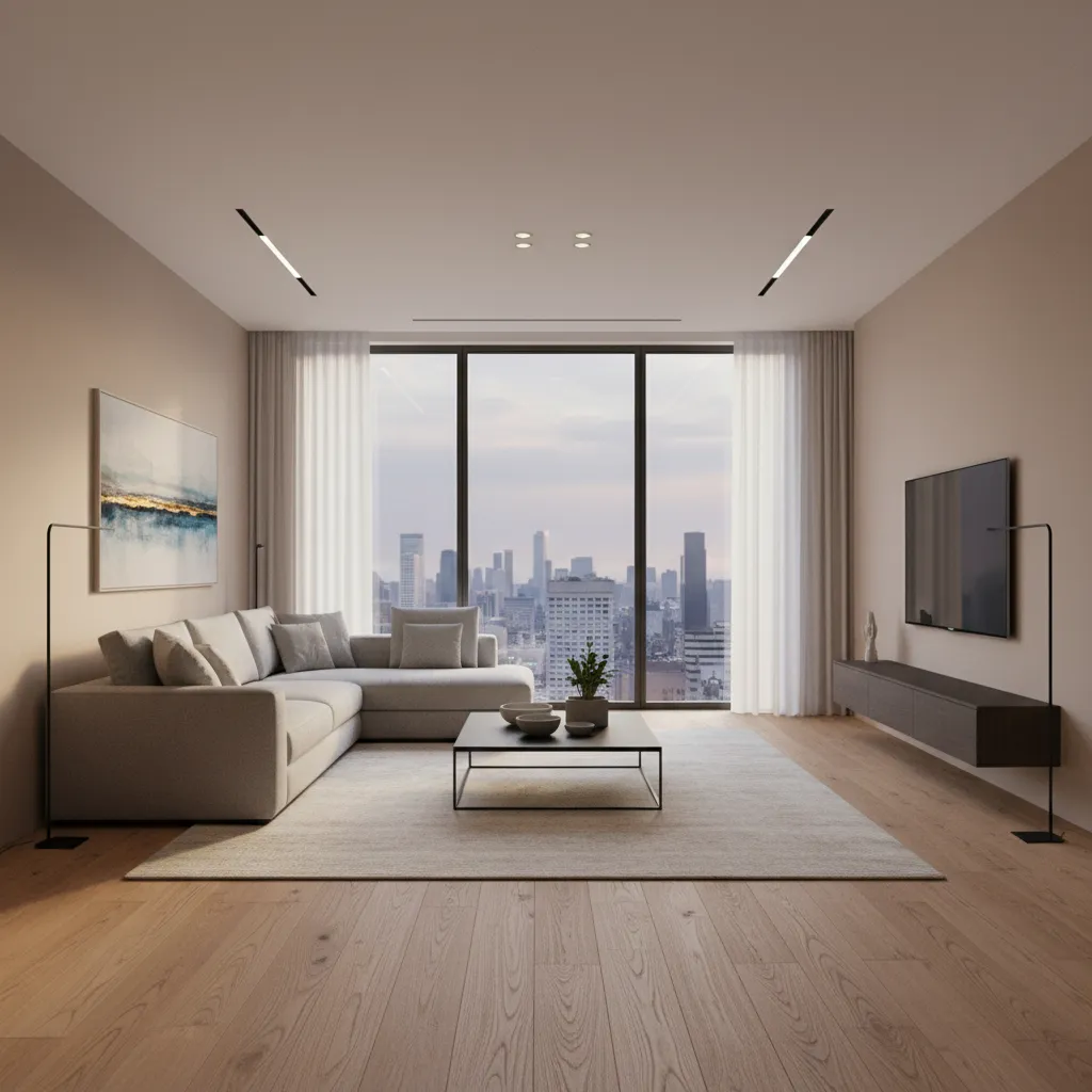 Visualización 3D de un salón moderno generado desde un plano digital