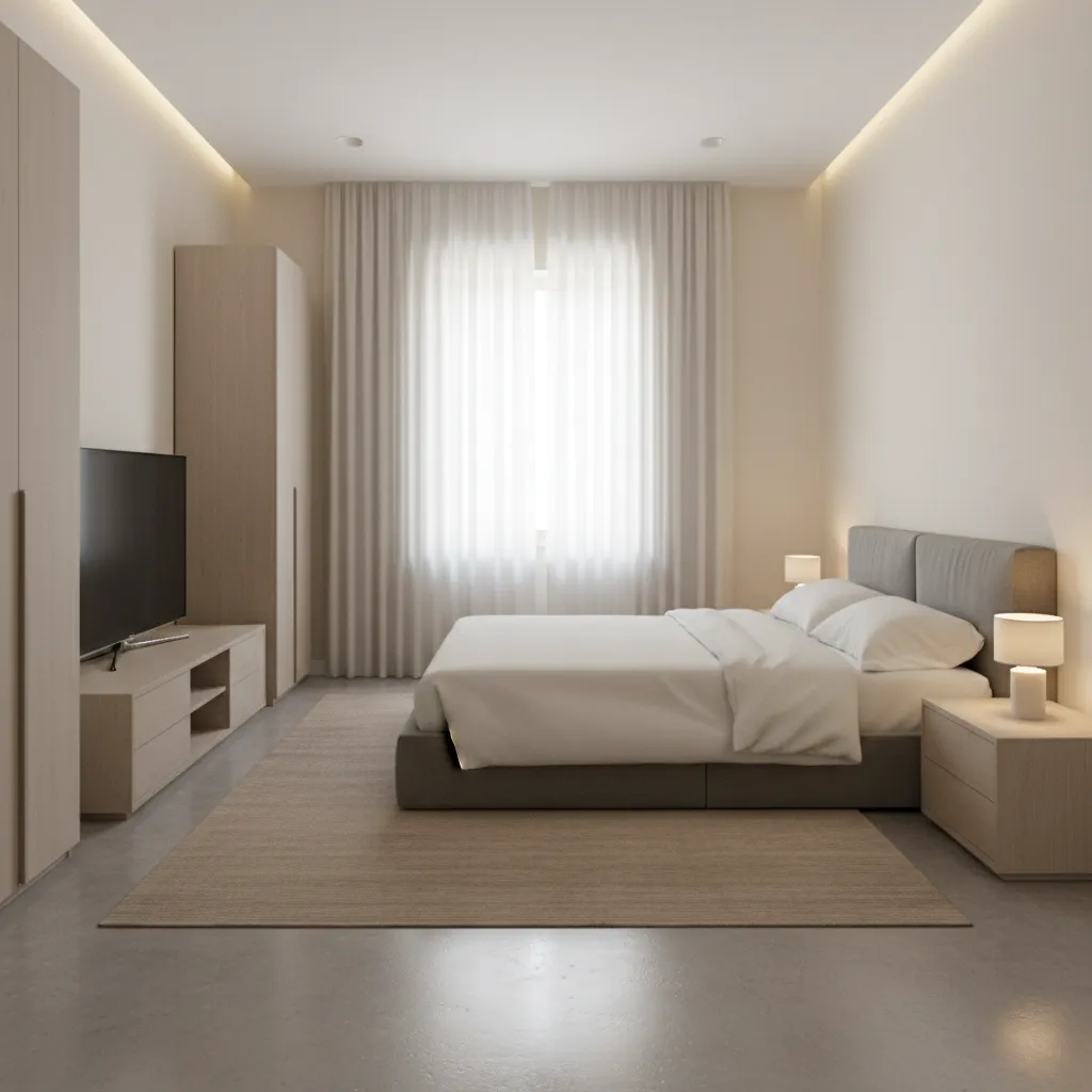 Modern bedroom interior design with large bed wooden cabinet television curtains rug and warm light
