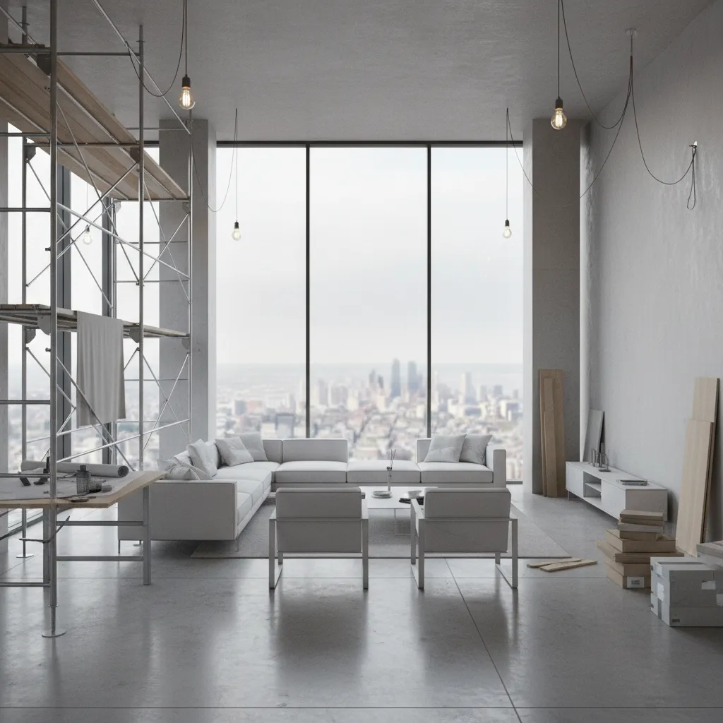 Render 3D realista de un salón antes de ejecutarse el proyecto