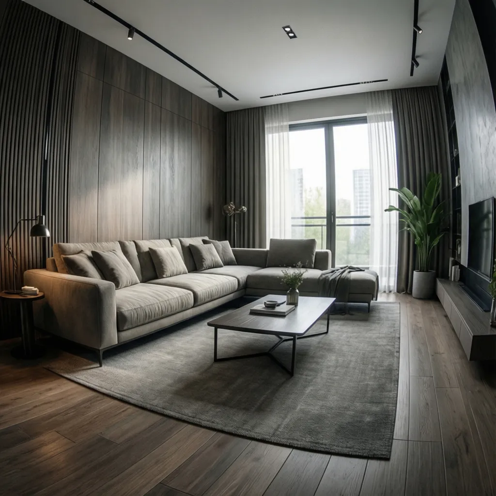 Visualización 3D de un salón moderno creado con una herramienta de diseño interior online