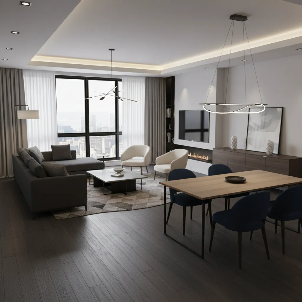 Render 3D de interior con suelo gris oscuro antes de una reforma