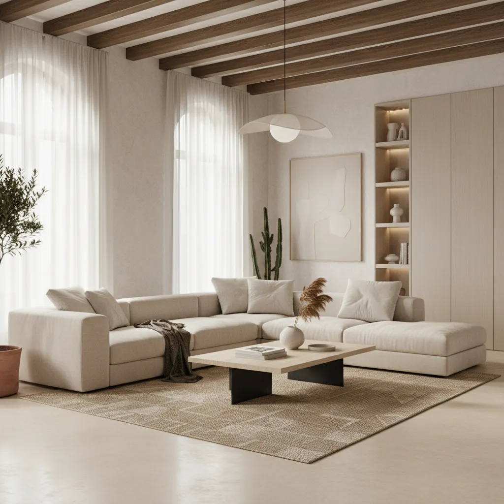 Render 3D de un salón moderno utilizado para presentar un proyecto de interiorismo