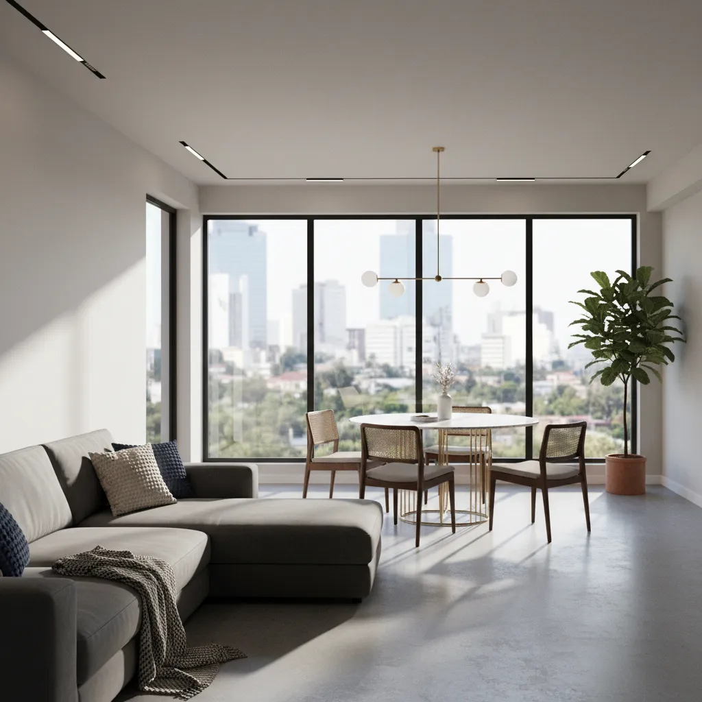 Render 3D realista de interior de vivienda antes de la reforma