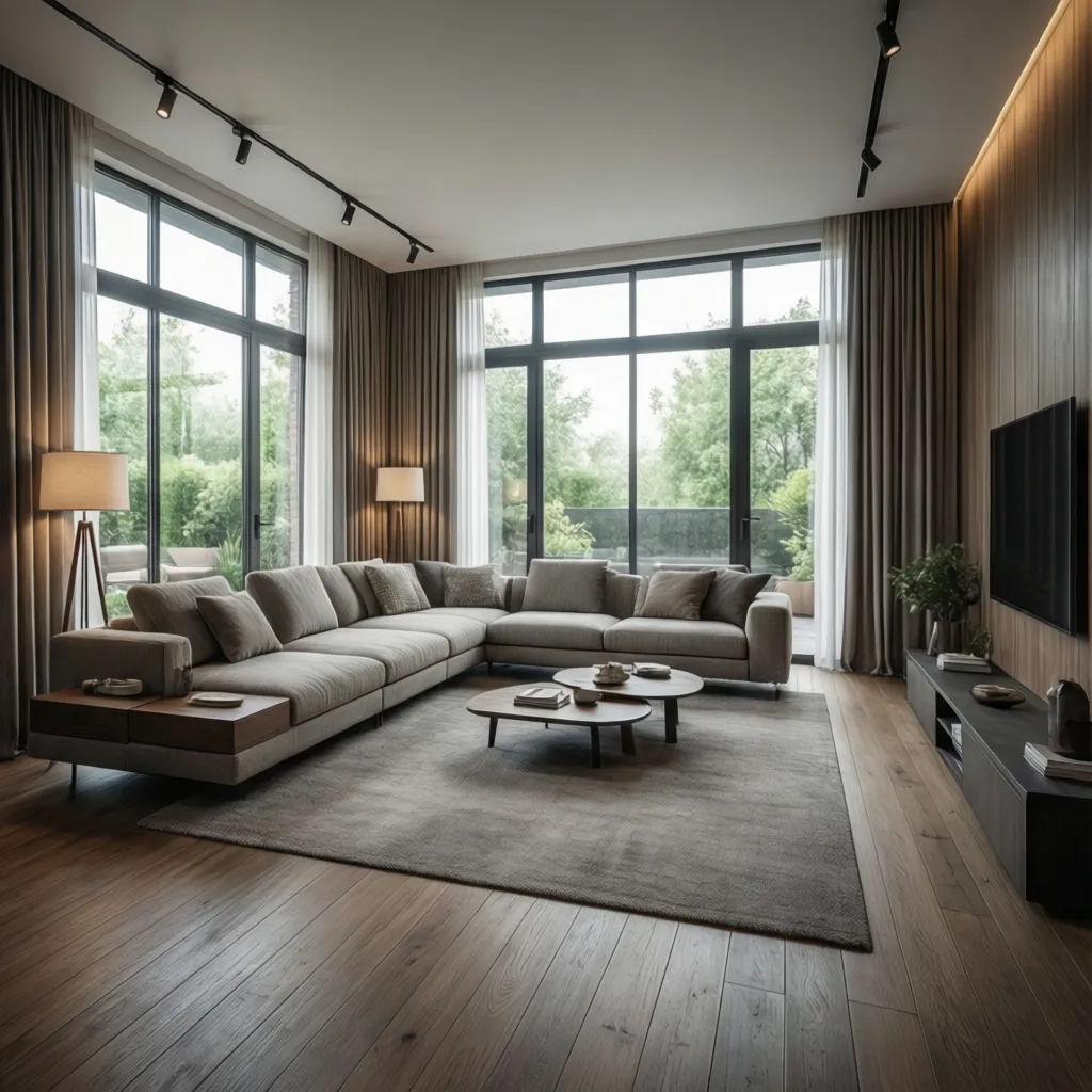Visualización 3D realista de un salón moderno generada desde una app de diseño