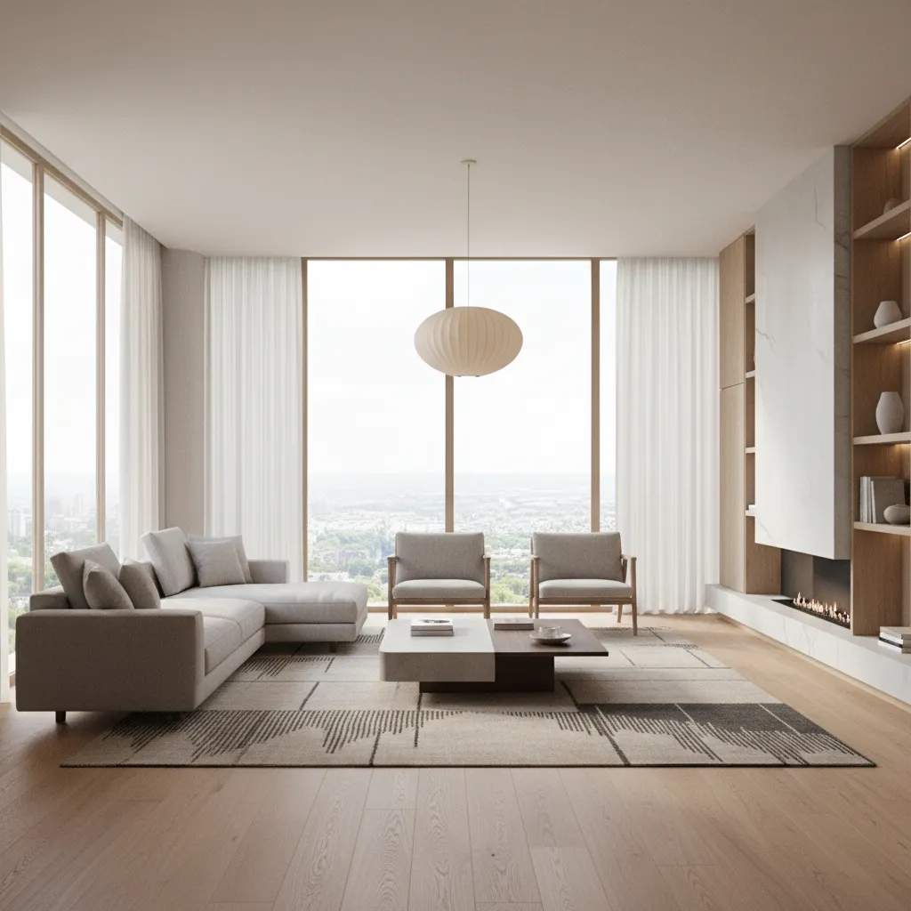 Render 3D de sala moderna con iluminación natural y materiales realistas