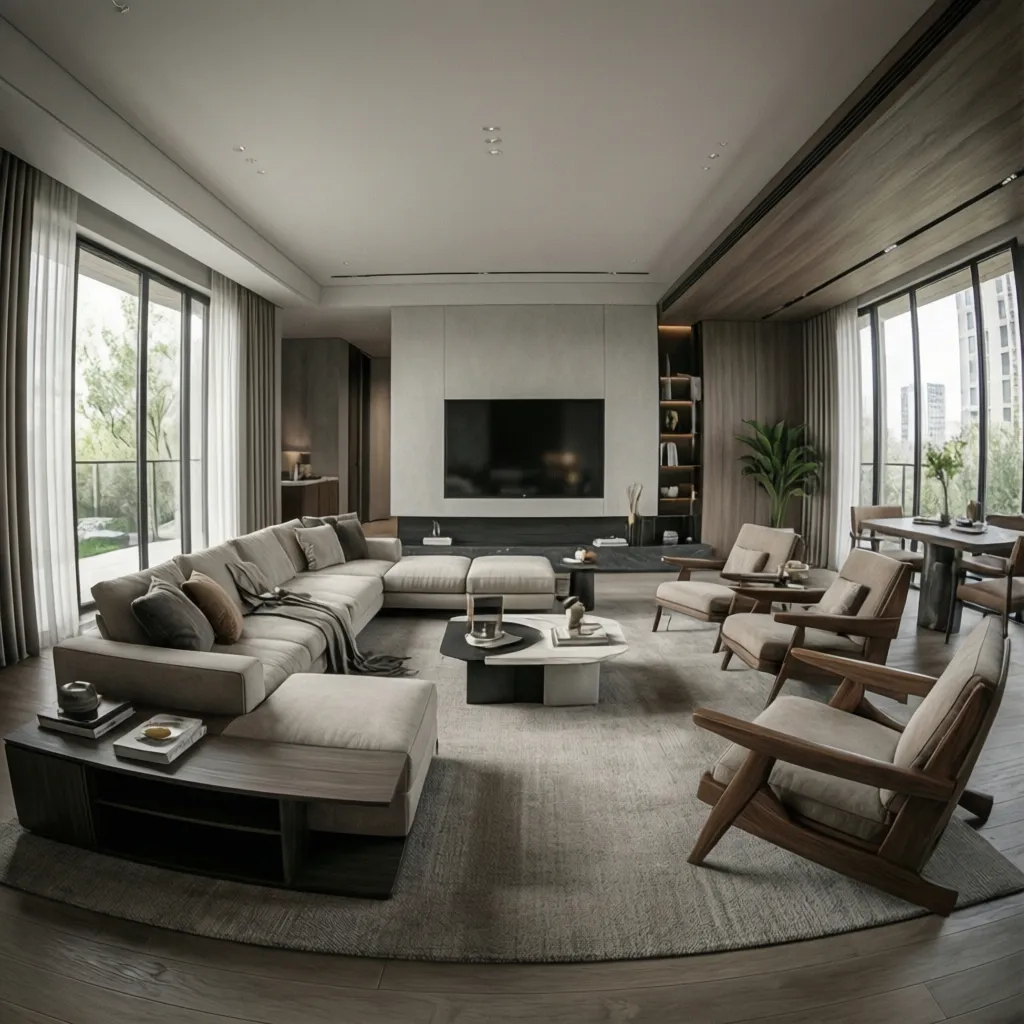 Modern spacious living room with grey sofa wooden armchairs large windows television and soft rug