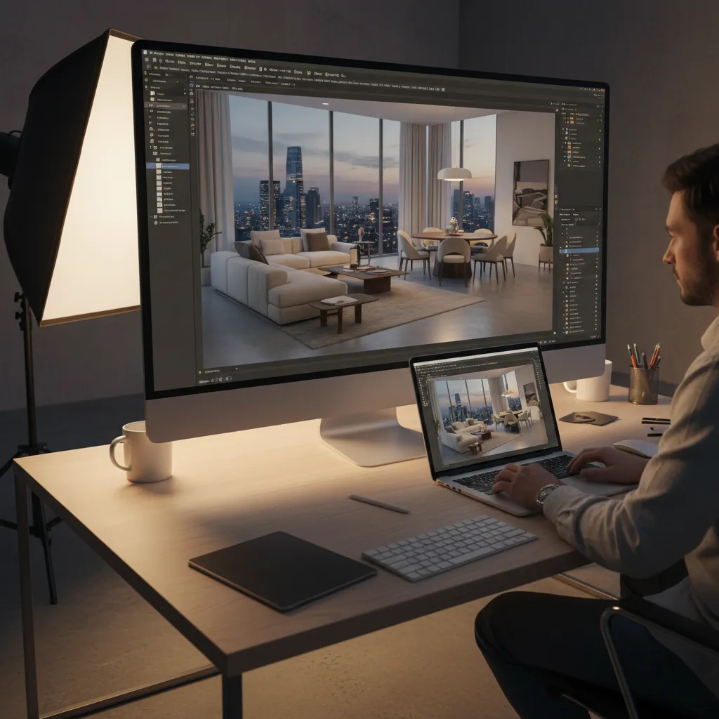 Man creates interior design drawing of living room using computer and laptop at a desk
