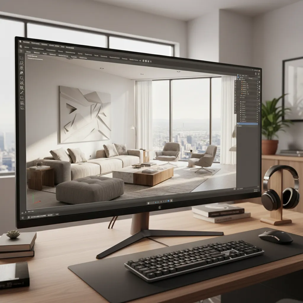 Pantalla mostrando render 3D de un salón moderno durante el proceso de diseño