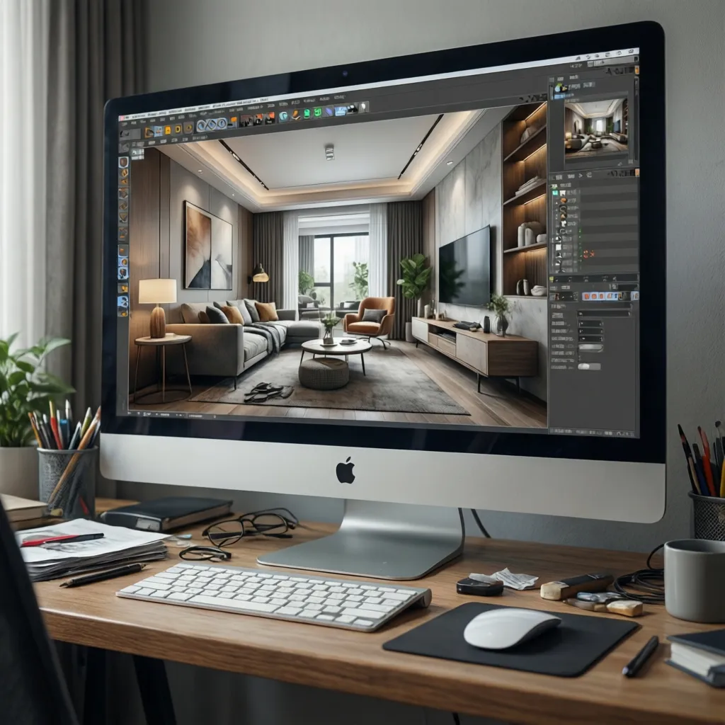 Pantalla mostrando visualización 3D de un proyecto de diseño de interiores