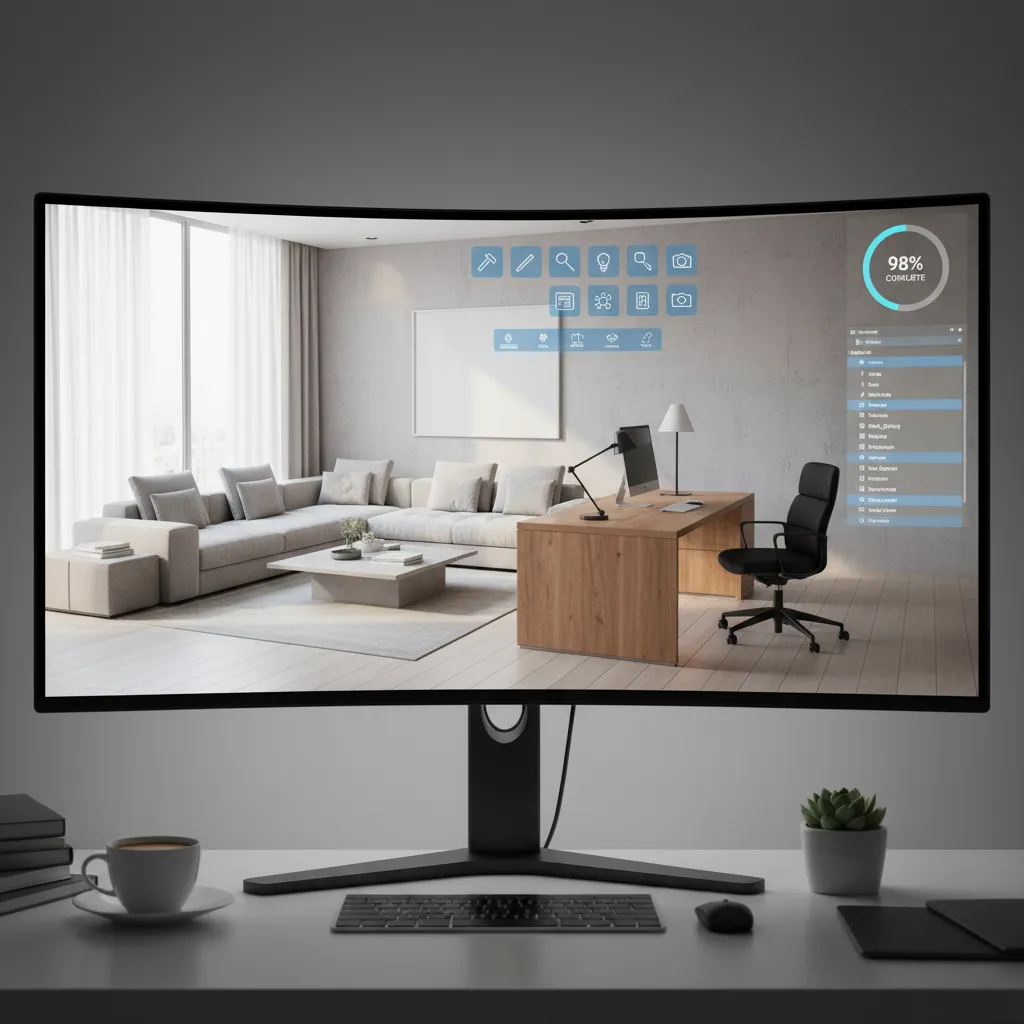 Computer monitor showing interior design drawing software with a sofa desk chair and light fixtures