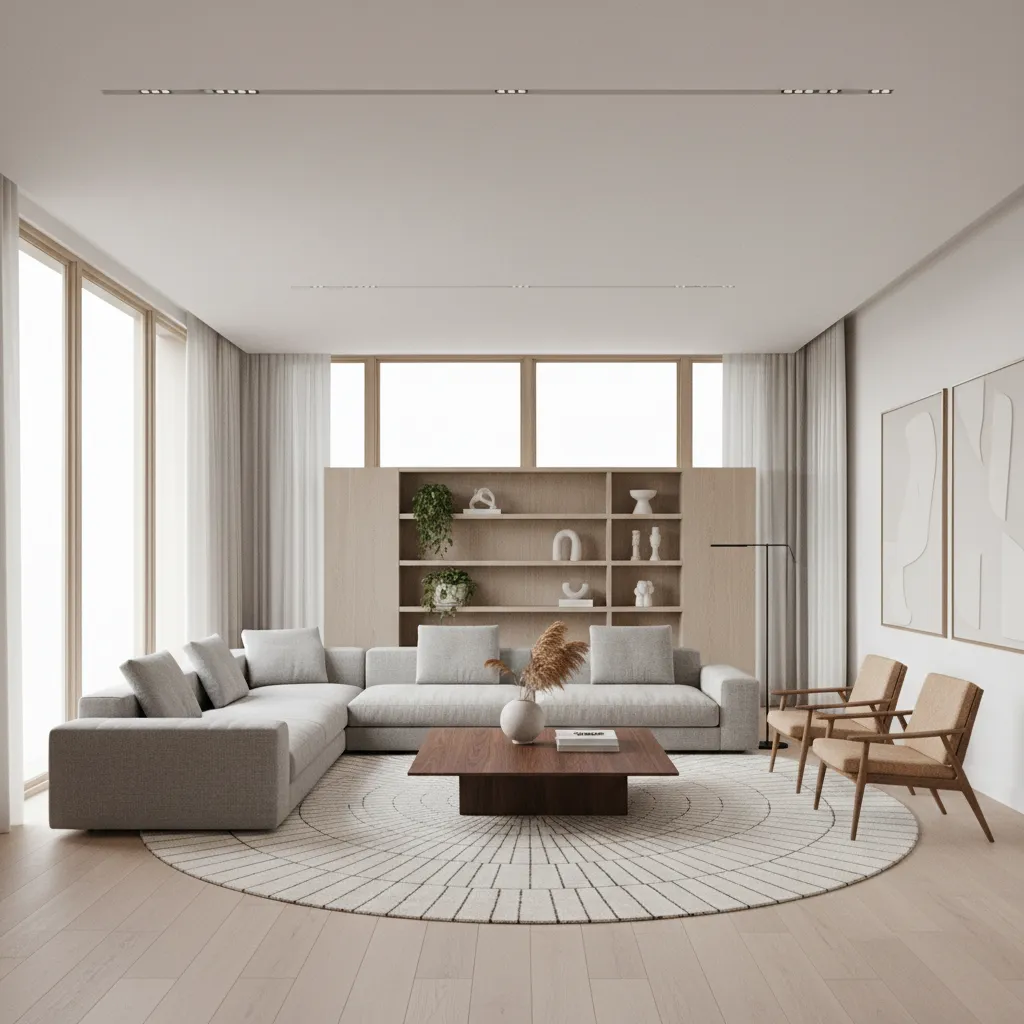Render 3D realista de un salón moderno diseñado digitalmente