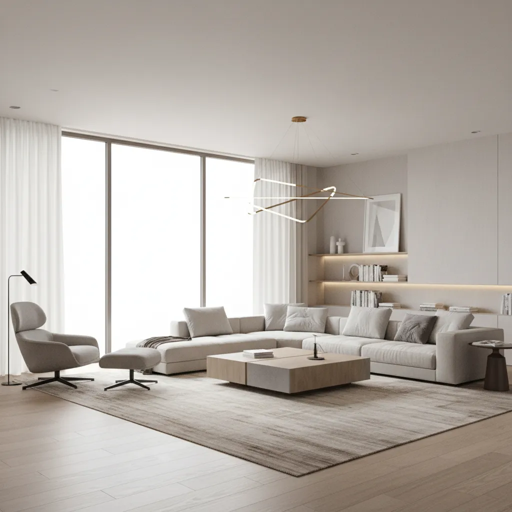 Render 3D realista de un salón moderno antes de la reforma