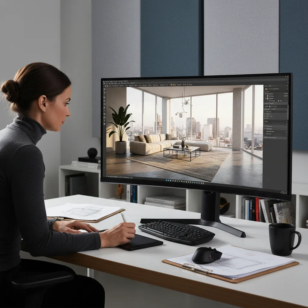 Pantalla mostrando render 3D de un proyecto de interiorismo