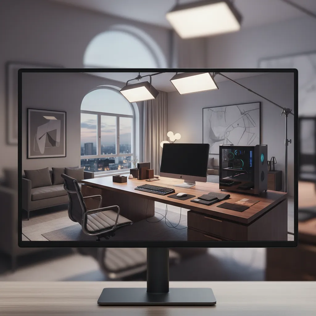 Pantalla mostrando render 3D de un apartamento diseñado digitalmente