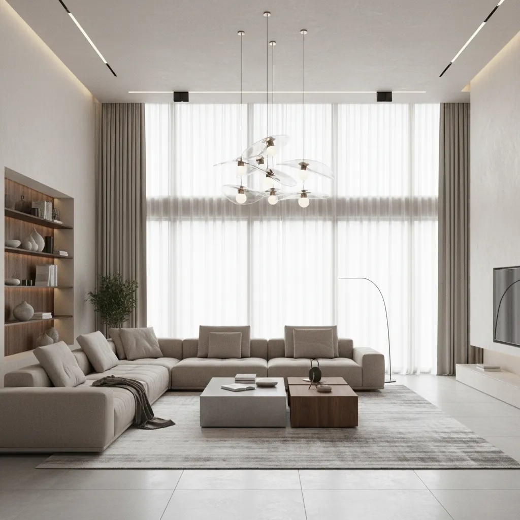 Render 3D de un salón moderno mostrando muebles seleccionados