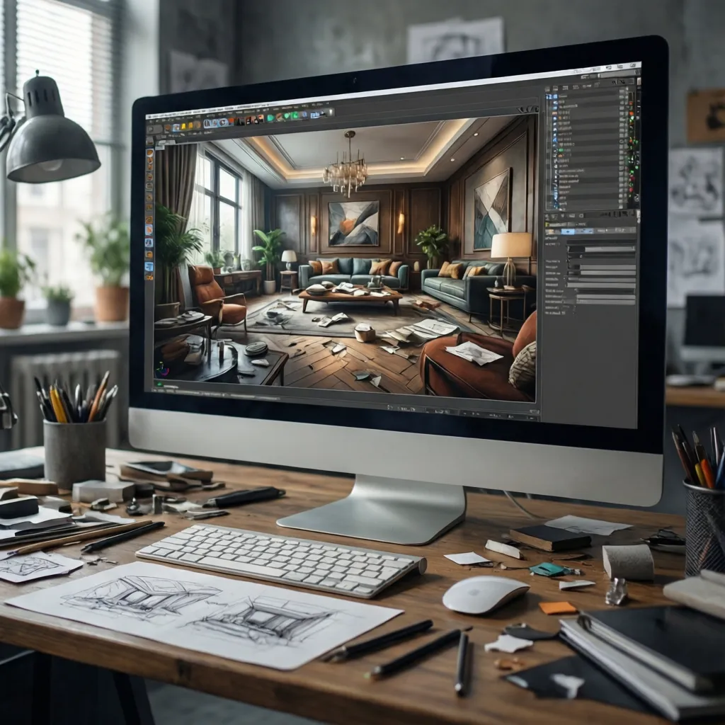 Pantalla de ordenador mostrando render 3D de un proyecto de interiorismo