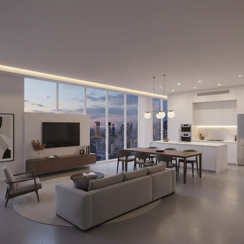 Render 3D de diseño interior mostrando distribución de muebles