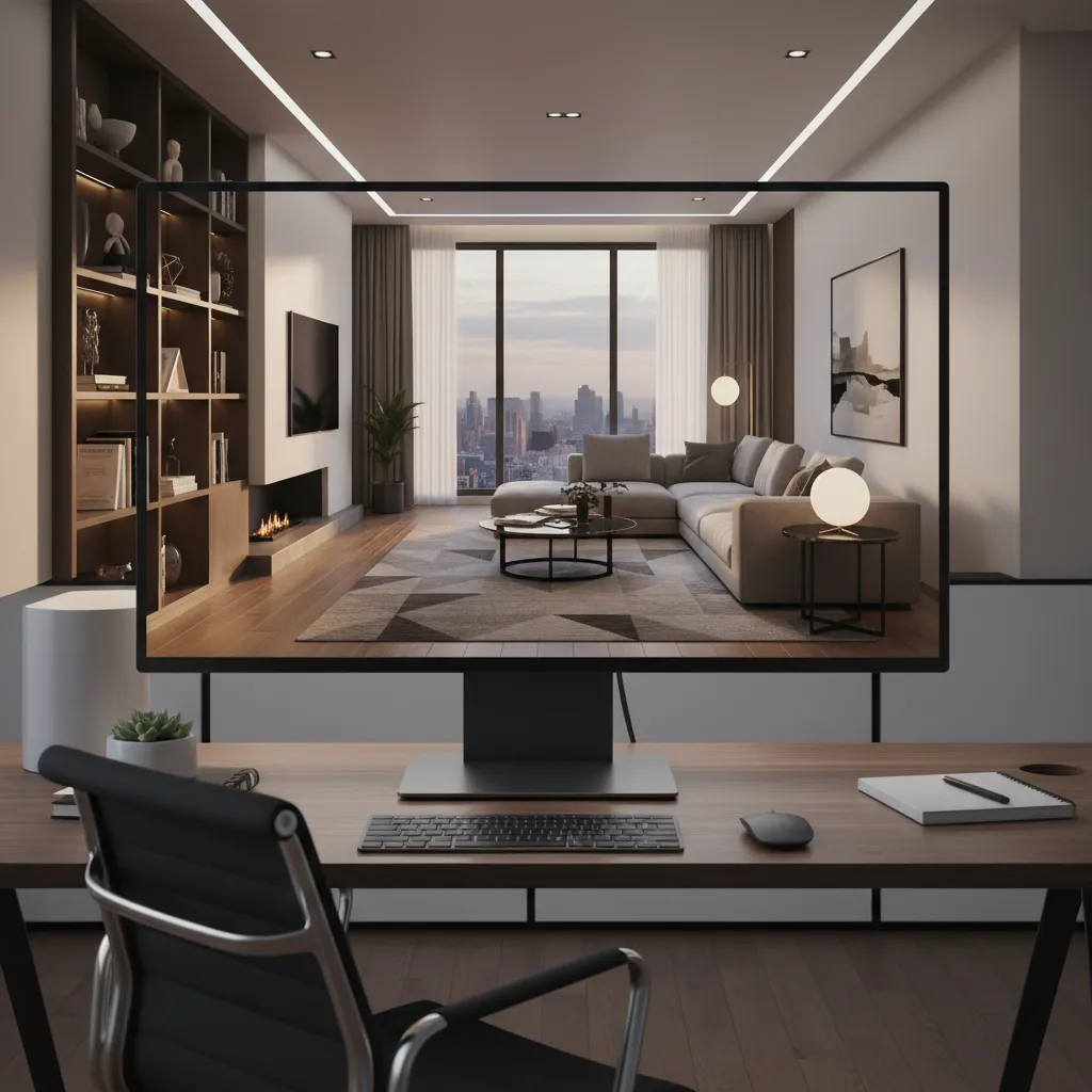 Pantalla mostrando visualización 3D de un proyecto de interiorismo