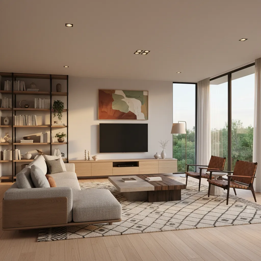 Render realista de un salón moderno creado con herramientas digitales