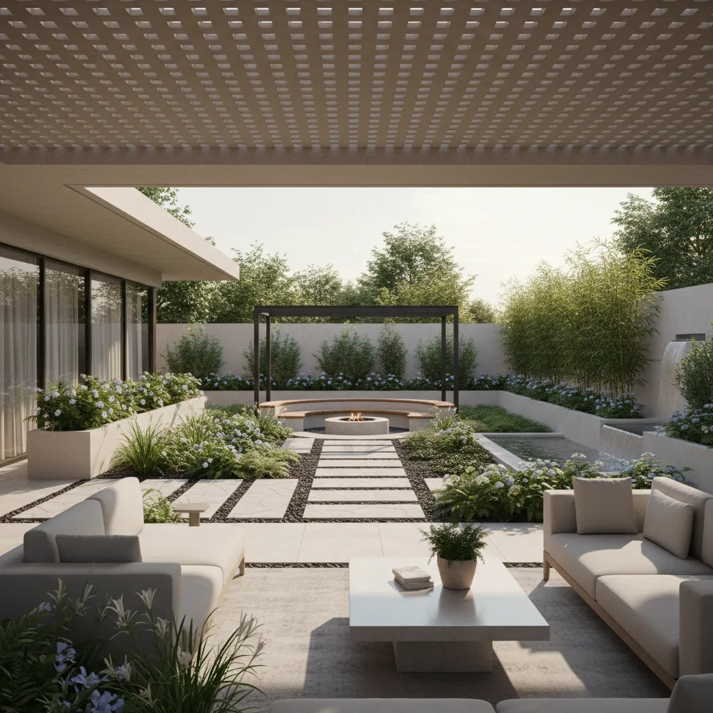 Render 3D de diseño de jardín residencial visto desde la terraza