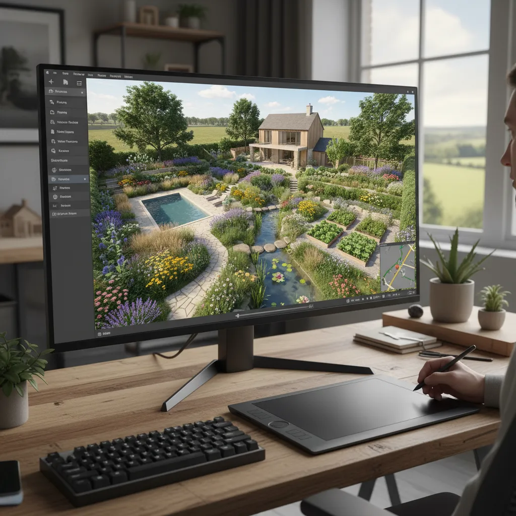 Visualización digital de un jardín de casa de campo