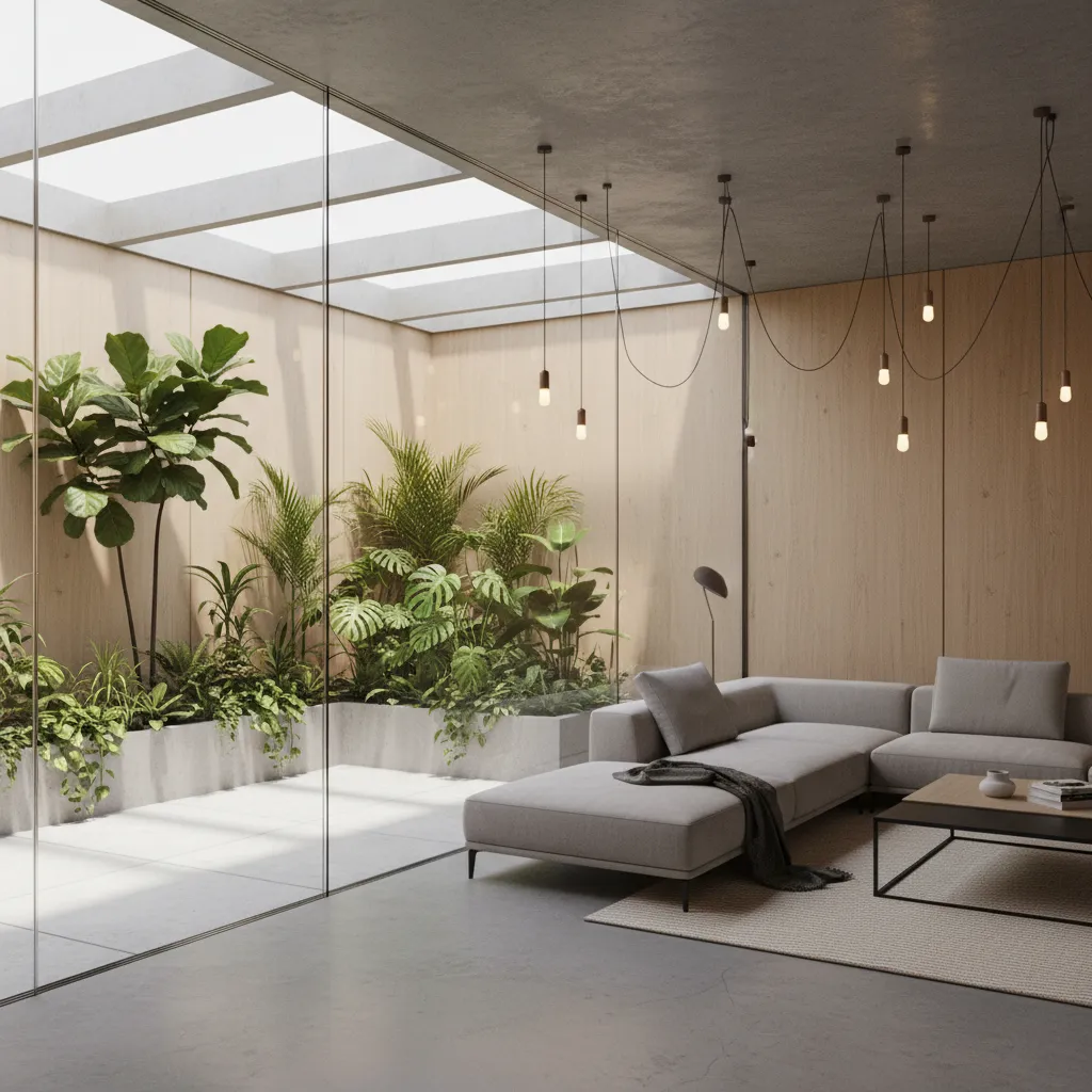 Visualización 3D de un diseño de jardín interior en una casa moderna