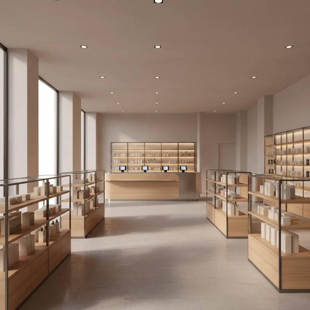 Render 3D de un diseño interior de tienda con estanterías y zona de caja