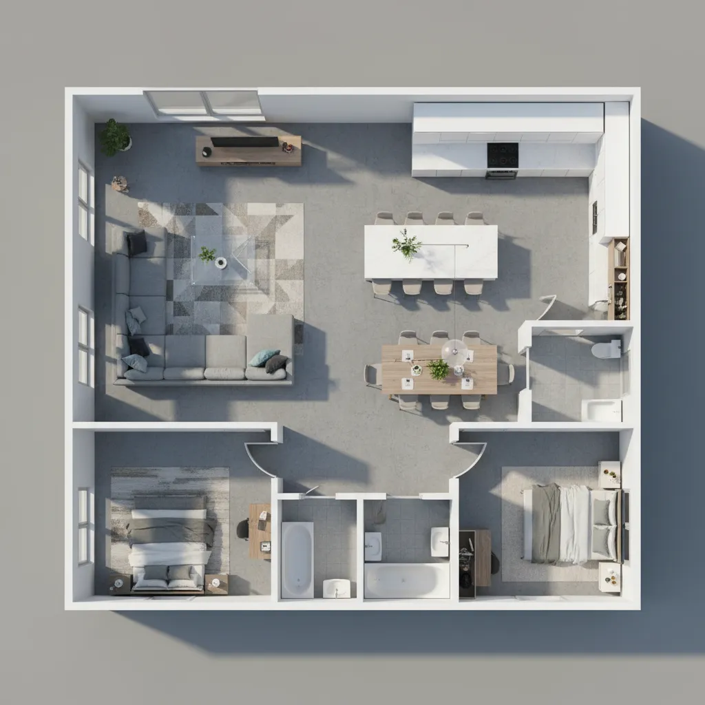 Visualización 3D de muebles dentro de un plano interior