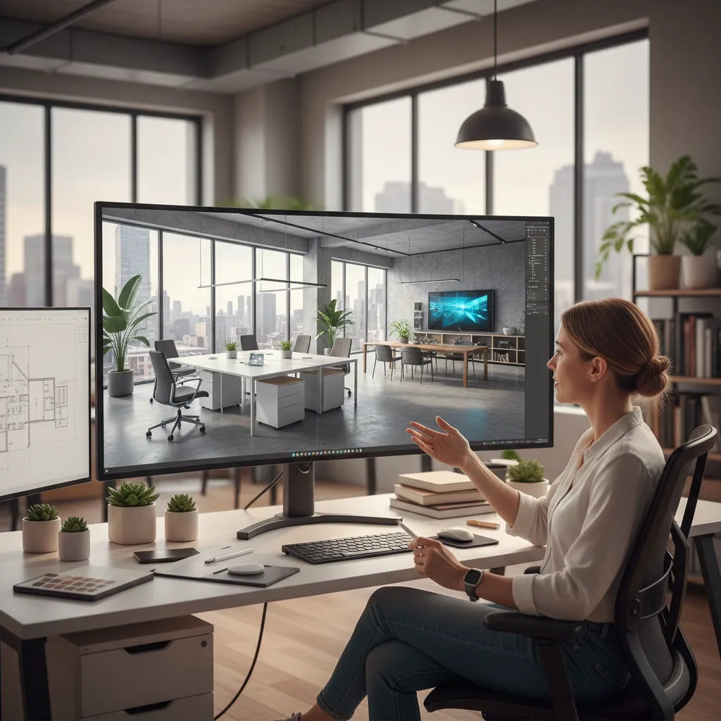 Designer working on an interior design drawing of an office using a large computer monitor