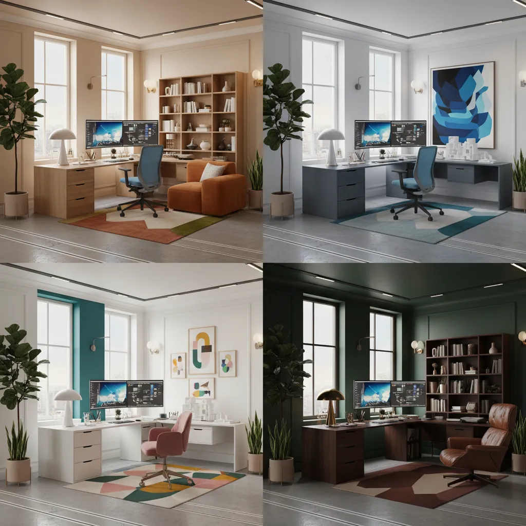 Four different interior design drawings showing various color schemes for a modern home office space