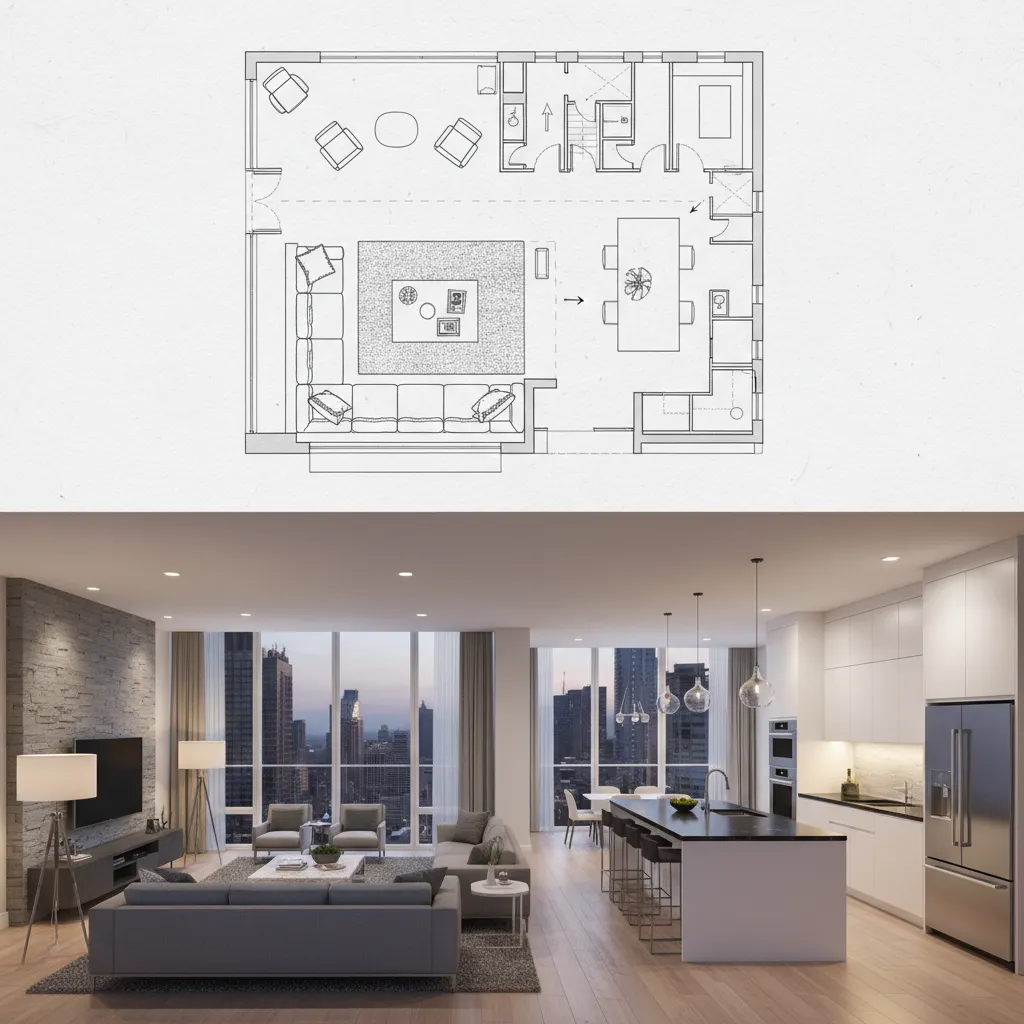 Conversión de plano de casa a visualización 3D interior