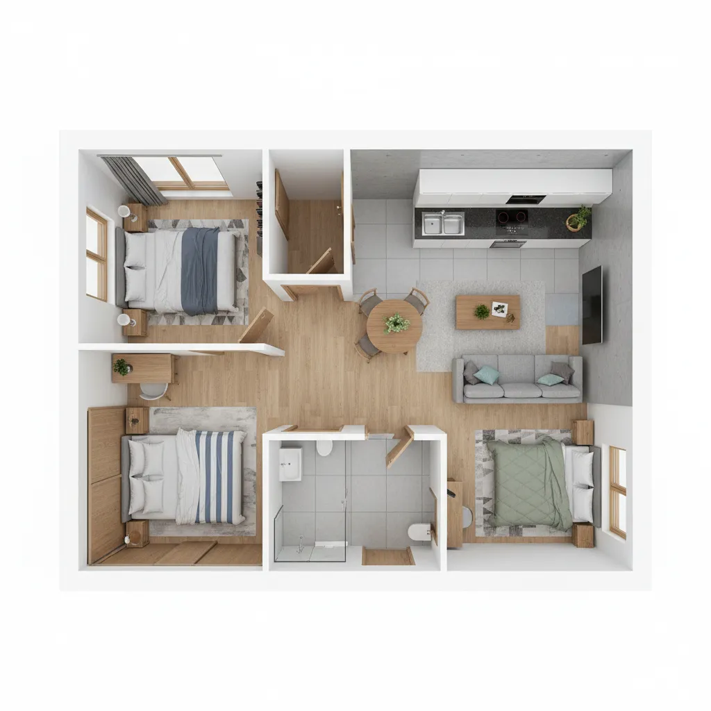 Visualización 3D de plano de casa con dos dormitorios