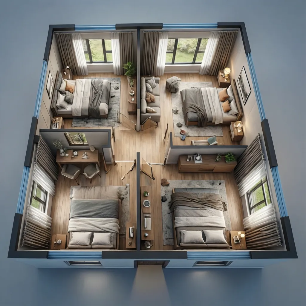 Visualización 3D de plano de casa de una planta