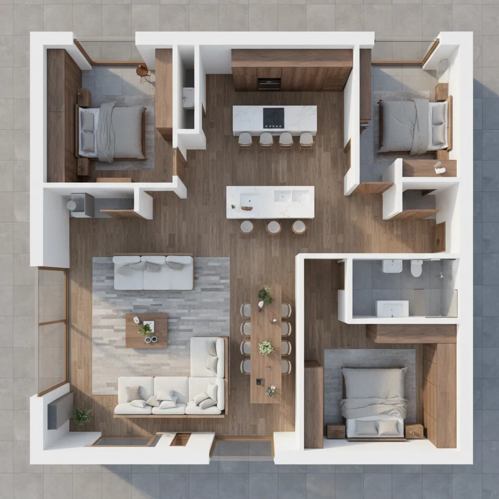 Visualización 3D de plano de casa convertido en modelo interior