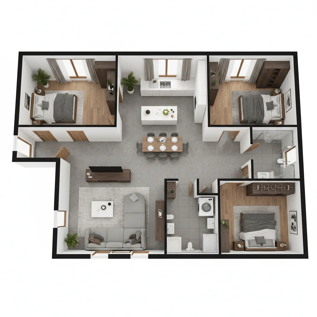 Visualización 3D de plano de casa con tres dormitorios