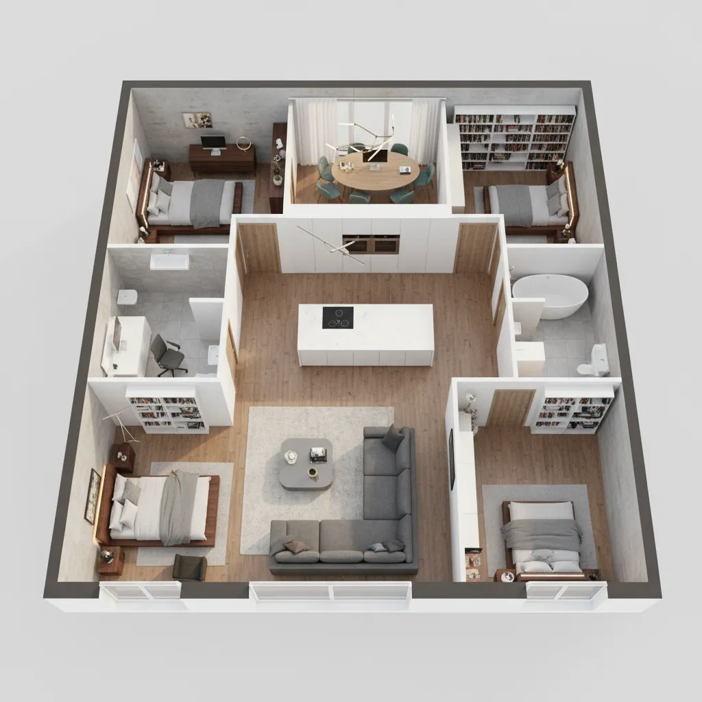 Visualización 3D de plano residencial mostrando distribución interior