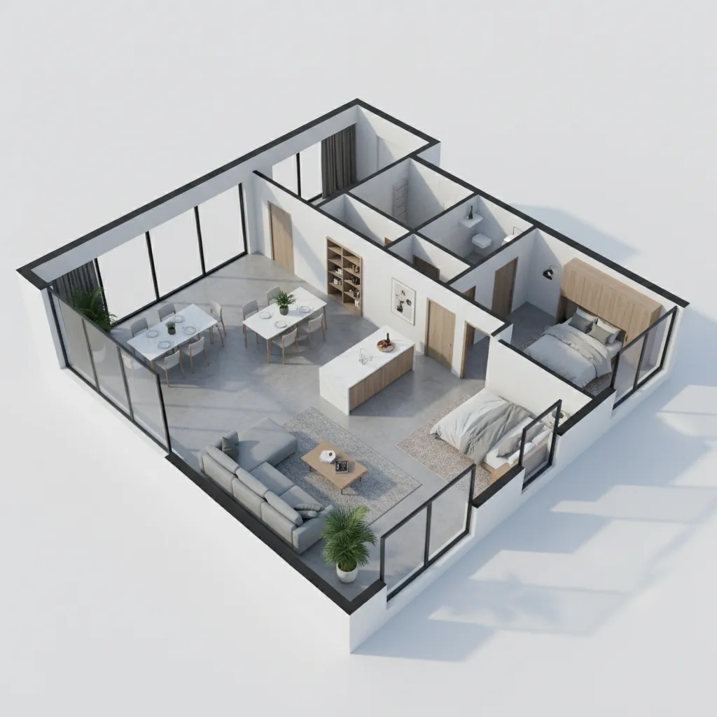 Vista 3D de un plano de casa generado con software de diseño
