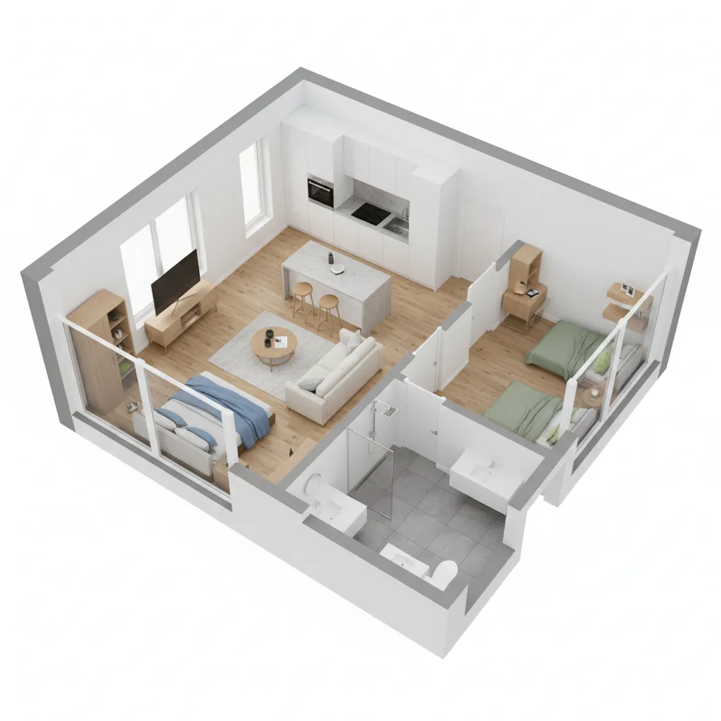 Visualización 3D de un plano de casa pequeña con habitaciones