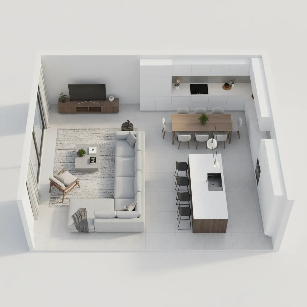 Visualización 3D de plano de casa con muebles y distribución interior
