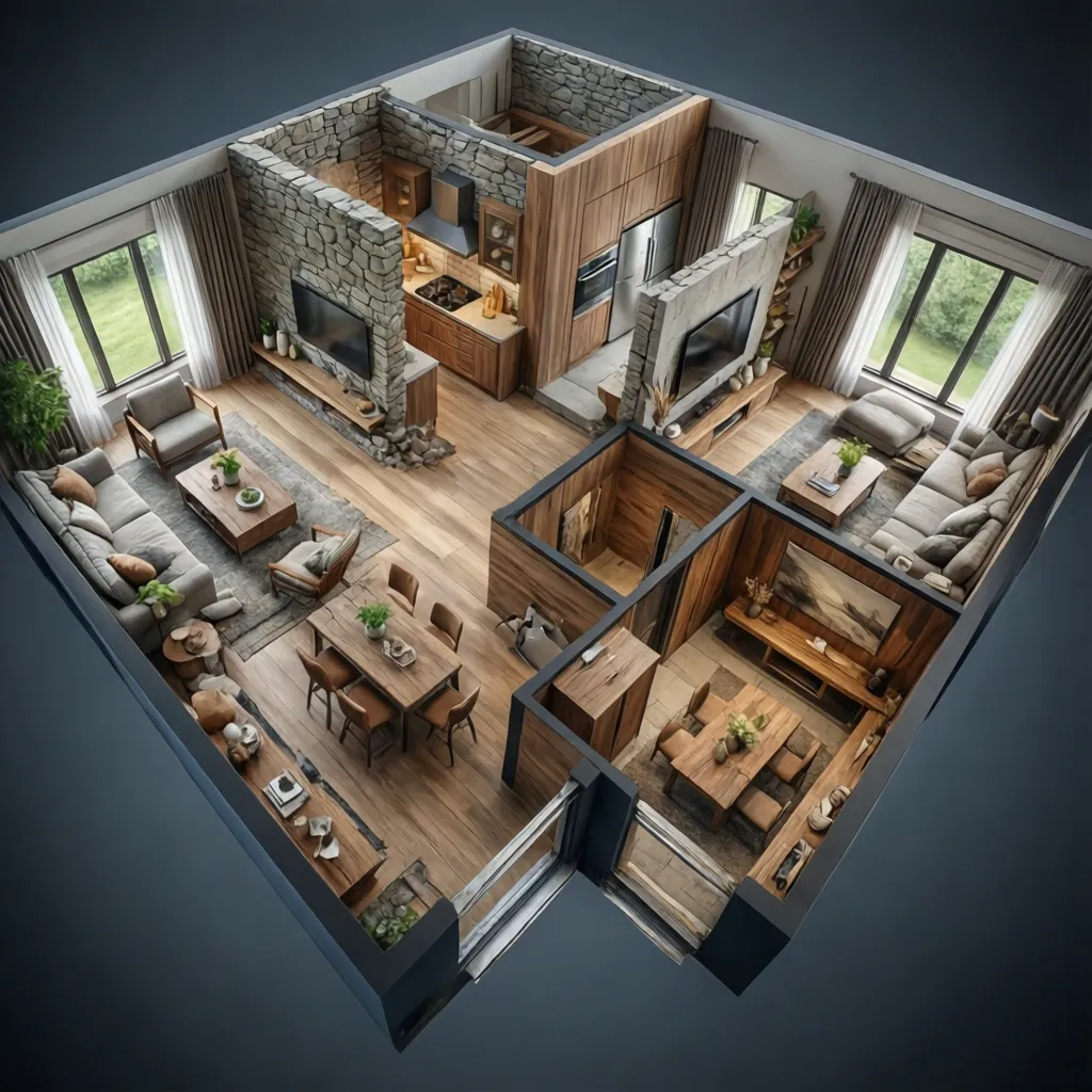 Vista 3D de una casa generada a partir de un plano digital