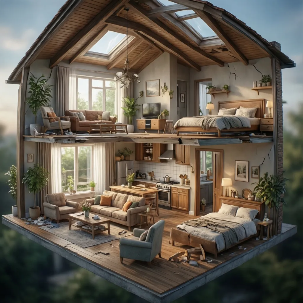 Visualización 3D de una casa mostrando salón, cocina y dormitorios